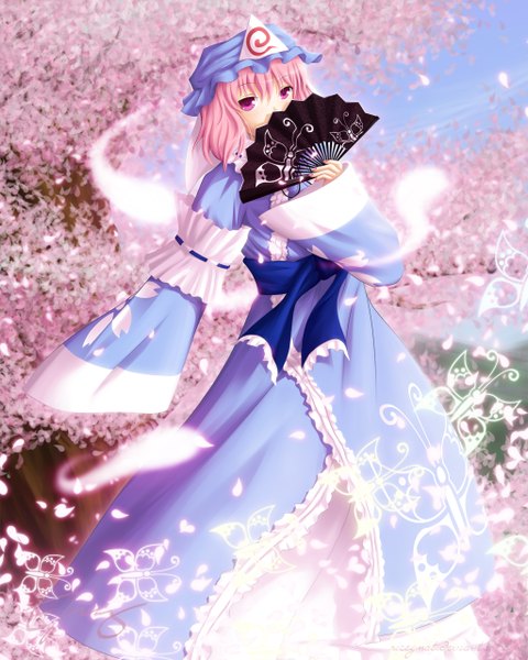 Anime picture 1024x1280 with touhou saigyouji yuyuko ricegnat single tall image short hair pink hair sky nail polish traditional clothes japanese clothes pink eyes cherry blossoms girl plant (plants) petals tree (trees) belt kimono insect
