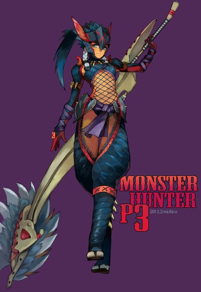 Anime picture 1200x1744 with monster hunter nargacuga (armor) nanjou (sumeragimishiro) long hair tall image blue eyes simple background signed blue hair looking away inscription purple background girl navel weapon armor huge weapon