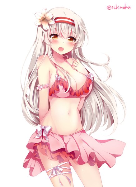 Anime-Bild 703x965 mit kantai collection shoukaku aircraft carrier ichiyou moka single long hair tall image looking at viewer blush breasts open mouth light erotic simple background large breasts standing white background signed yellow eyes white hair :d hair flower