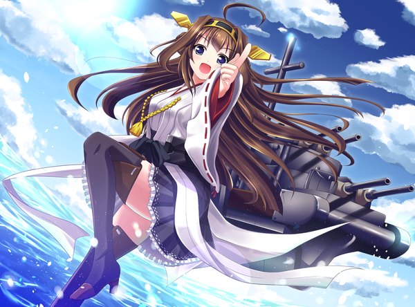 Anime picture 1500x1112 with kantai collection kongou battleship mokyu9nine single long hair looking at viewer blush open mouth blue eyes brown hair sky cloud (clouds) ahoge nontraditional miko girl thighhighs hair ornament weapon sea
