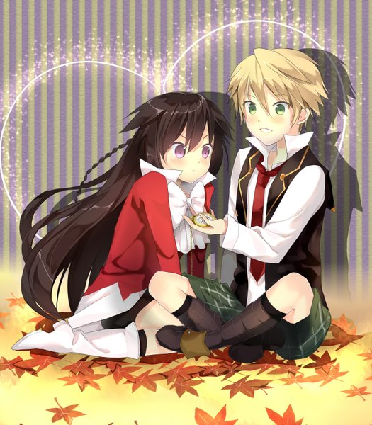 Anime picture 1400x1600 with pandora hearts xebec alice (pandora hearts) oz vessalius long hair tall image blush short hair black hair blonde hair sitting purple eyes green eyes open collar girl boy socks necktie shorts boots