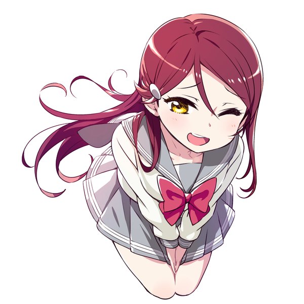 Anime picture 1000x1000 with love live! sunshine!! sunrise (studio) love live! sakurauchi riko chan co single long hair looking at viewer open mouth simple background hair between eyes white background yellow eyes red hair :d one eye closed from above wink girl uniform