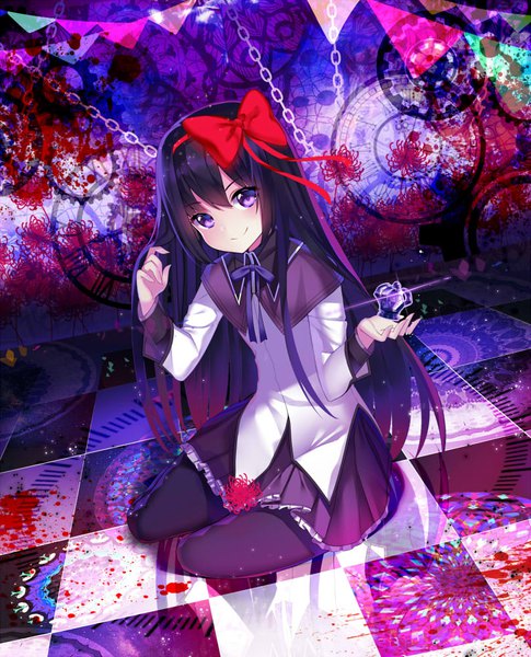 Anime picture 809x1000 with mahou shoujo madoka magica shaft (studio) akemi homura gendo0032 single long hair tall image looking at viewer fringe black hair smile hair between eyes sitting purple eyes full body dutch angle lens flare adjusting hair reflection checkered floor