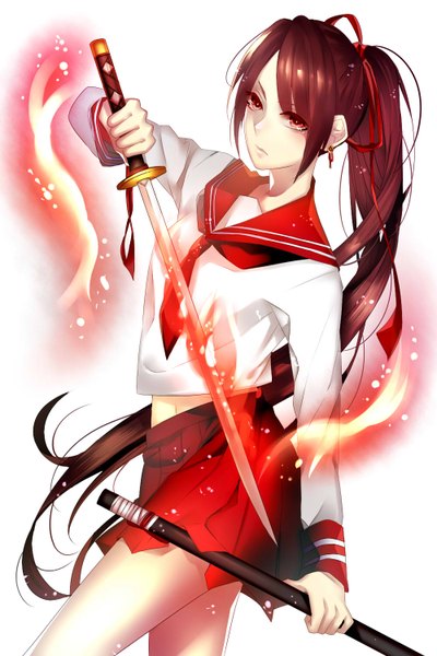 Anime picture 1000x1500 with original earl (pixiv) single long hair tall image fringe simple background red eyes brown hair white background holding ponytail very long hair glowing girl skirt navel ribbon (ribbons) weapon earrings