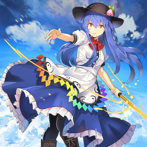 Anime picture 5000x5000 with touhou hinanawi tenshi rin falcon single long hair looking at viewer fringe highres hair between eyes red eyes blue hair absurdres sky cloud (clouds) puffy sleeves girl weapon hat pantyhose sword