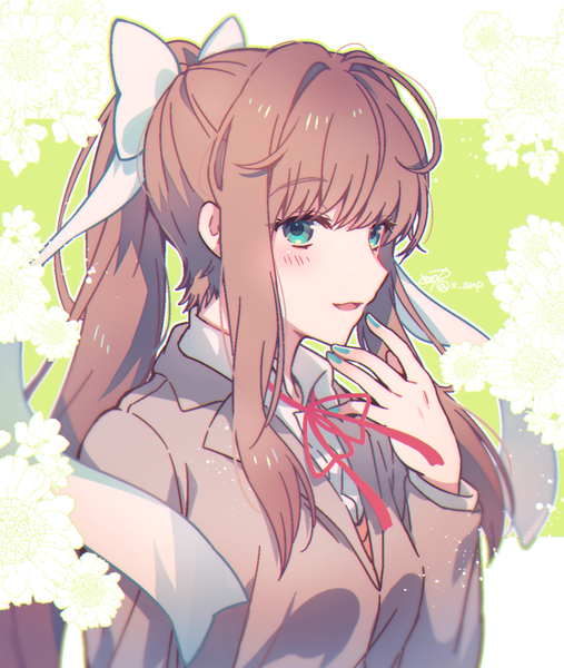 Anime picture 755x894 with doki doki literature club monika (doki doki literature club) aicedrop single long hair tall image looking at viewer blush fringe open mouth simple background smile brown hair green eyes signed payot upper body ponytail blunt bangs long sleeves