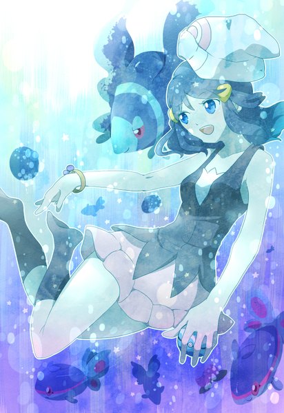 Anime picture 1240x1806 with pokemon nintendo dawn (pokemon) finneon lumineon nago celica single tall image blush short hair open mouth blue eyes blue hair looking away no shoes underwater gen 4 pokemon girl hair ornament animal
