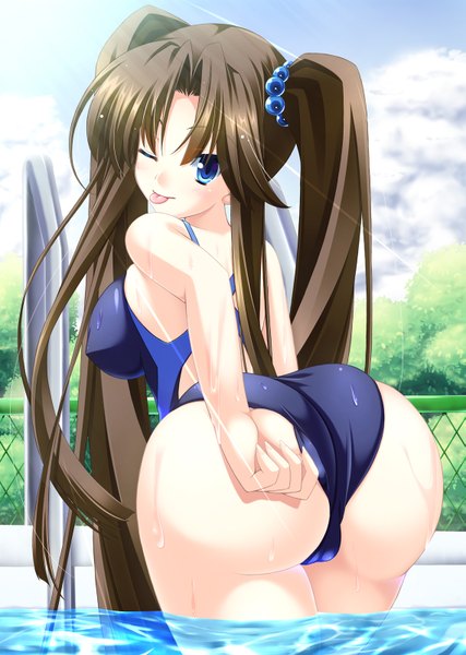 Anime picture 1139x1600 with original argenteumastrum single long hair tall image blue eyes light erotic black hair twintails ass one eye closed looking back wink girl swimsuit tongue