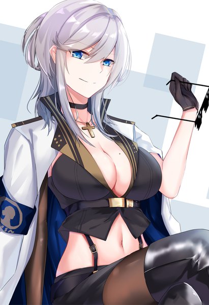 Anime picture 1200x1749 with azur lane washington (azur lane) eternity (shadeh) single long hair tall image fringe breasts blue eyes light erotic smile hair between eyes large breasts sitting holding cleavage silver hair mole midriff crossed legs