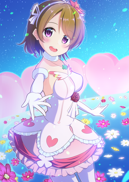 Anime picture 2508x3541 with love live! school idol project sunrise (studio) love live! koizumi hanayo orusu single tall image looking at viewer blush highres short hair breasts open mouth smile brown hair large breasts purple eyes :d outstretched hand girl
