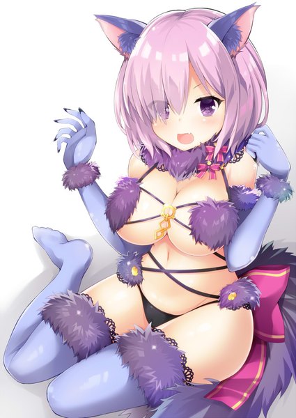 Anime picture 752x1062 with fate (series) fate/grand order mash kyrielight dangerous beast maccha single tall image blush fringe short hair breasts open mouth light erotic simple background hair between eyes large breasts white background sitting purple eyes animal ears