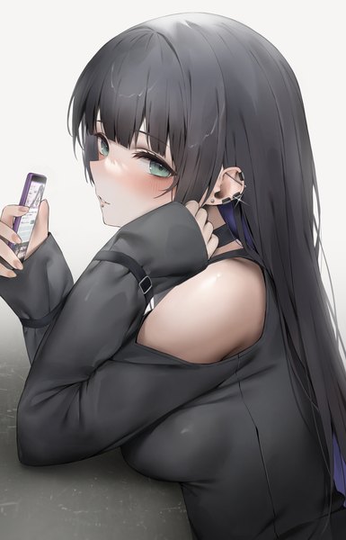 Anime picture 1840x2868 with bocchi the rock! cloverworks pa-san hibimaru single long hair tall image looking at viewer blush fringe highres breasts black hair simple background holding upper body blunt bangs long sleeves aqua eyes fingernails