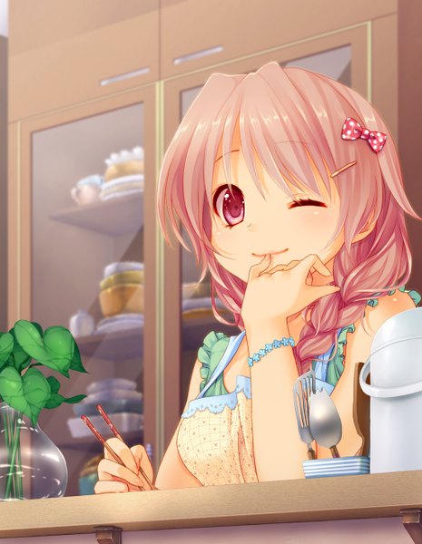 Anime picture 1022x1318 with original hiiiiron kocho single long hair tall image pink hair braid (braids) one eye closed pink eyes light smile wink finger to mouth girl bow hair bow apron chopsticks