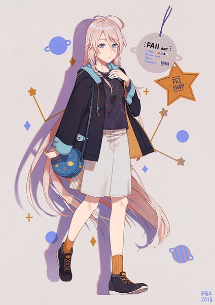 Anime picture 600x849 with vocaloid ia (vocaloid) fei renlei single tall image fringe blue eyes hair between eyes pink hair full body ahoge braid (braids) very long hair open jacket shadow casual starry sky print fashion girl skirt