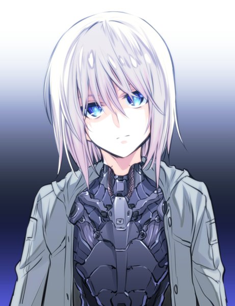 Anime picture 2000x2600 with mechanical buddy universe momdroid (mechanical buddy universe) ishiyumi single tall image looking at viewer fringe highres short hair blue eyes simple background hair between eyes silver hair upper body head tilt open jacket expressionless girl jacket android