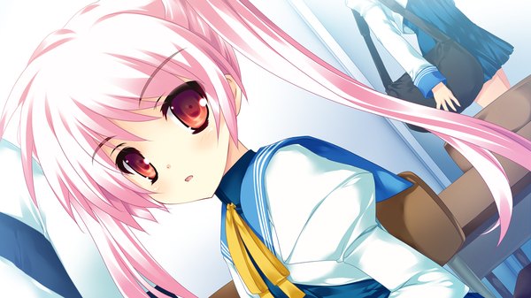 Anime picture 1280x720 with blades heart (game) long hair red eyes wide image twintails pink hair game cg loli girl serafuku