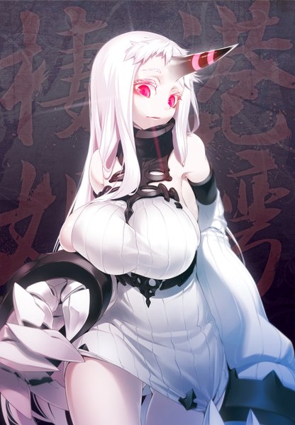 Anime picture 900x1298 with kantai collection seaport hime nilitsu single long hair tall image looking at viewer breasts light erotic large breasts white hair pink eyes horn (horns) no bra character names glowing glowing eye (eyes) white skin shinkaisei-kan mechanical arms