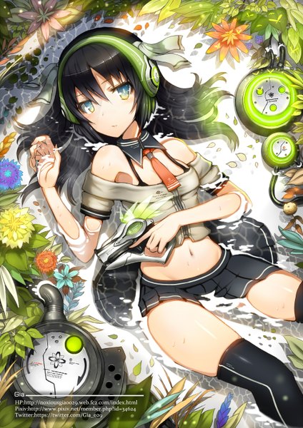 Anime picture 1000x1414 with original gia single tall image short hair blue eyes black hair midriff legs girl thighhighs skirt navel flower (flowers) weapon black thighhighs plant (plants) miniskirt water headphones