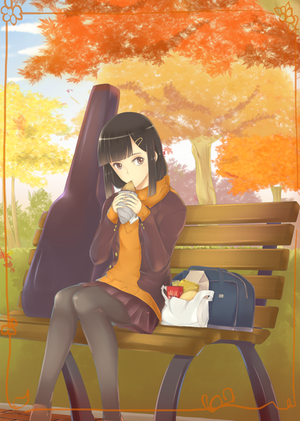 Anime picture 1855x2600 with original srkh single long hair tall image highres black hair sitting brown eyes open clothes open jacket eating girl skirt plant (plants) miniskirt tree (trees) sweater school bag bench