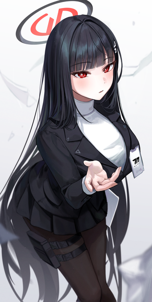 Anime picture 1773x3513 with blue archive rio (blue archive) myowa single tall image looking at viewer blush fringe highres open mouth black hair simple background red eyes standing blunt bangs very long hair pleated skirt leaning leaning forward girl