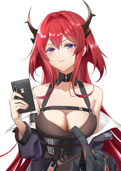 Anime picture 1612x2277 with arknights surtr (arknights) ri qing long hair tall image looking at viewer blush fringe breasts light erotic simple background large breasts standing white background purple eyes bare shoulders holding cleavage upper body red hair