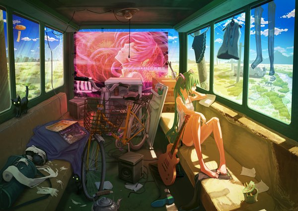 Anime picture 2208x1561 with vocaloid hatsune miku megurine luka huu00 single long hair highres twintails green eyes profile barefoot green hair convenient leg messy room bus interior girl thighhighs window ground vehicle musical instrument