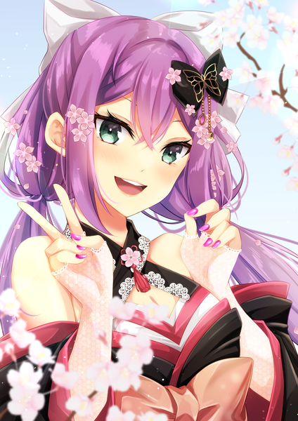 Anime picture 3541x5016 with virtual youtuber nijisanji sakura ritsuki nota ika single long hair tall image fringe highres open mouth hair between eyes purple eyes twintails green eyes absurdres nail polish :d low twintails cherry blossoms victory