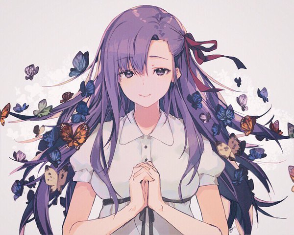 Anime picture 810x650 with fate (series) fate/stay night matou sakura naguri single long hair looking at viewer fringe simple background hair between eyes purple eyes purple hair light smile grey background puffy sleeves floating hair hands clasped interlocked fingers girl dress