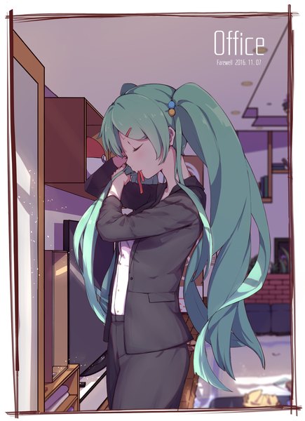 Anime picture 1240x1712 with vocaloid hatsune miku zhayin-san single long hair tall image standing twintails holding indoors long sleeves profile blurry aqua hair open clothes depth of field text mouth hold border adjusting hair
