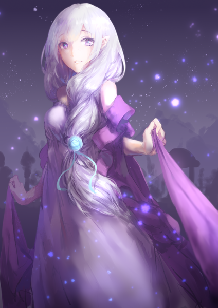 Anime picture 1240x1754 with re:zero kara hajimeru isekai seikatsu white fox emilia (re:zero) chun lanlanlan single long hair tall image looking at viewer purple eyes silver hair white hair very long hair pointy ears sparkle dark background girl dress purple dress