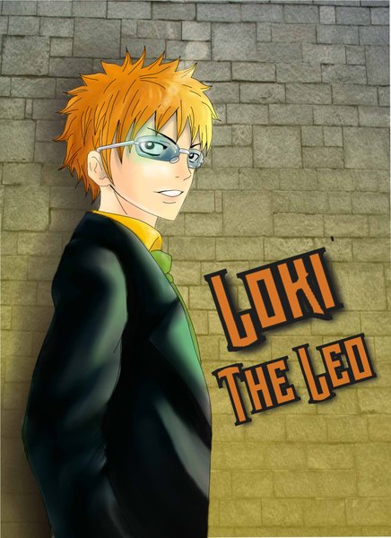 Anime picture 1696x2333 with fairy tail loke shierass single tall image short hair blonde hair black eyes inscription boy glasses necktie suit wall