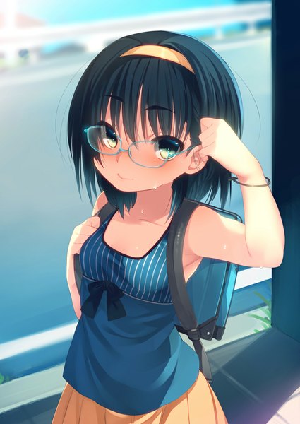 Anime picture 752x1062 with original skull.03 single tall image looking at viewer short hair blue eyes black hair loli girl skirt glasses hairband backpack