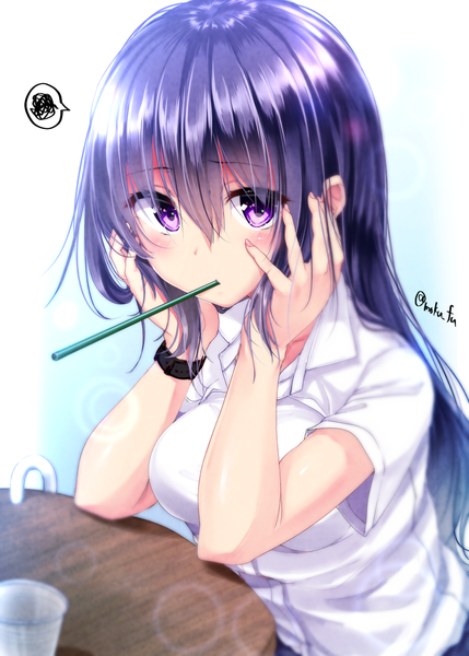 Anime picture 800x1119 with original mokufuu single long hair tall image looking at viewer blush fringe breasts simple background hair between eyes sitting purple eyes holding signed purple hair upper body nail polish fingernails short sleeves