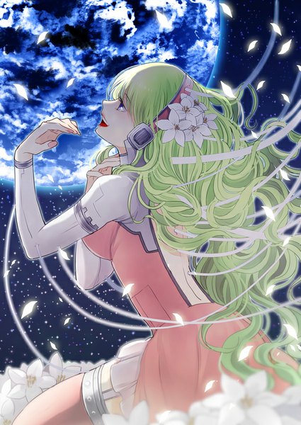 Anime picture 637x900 with original eco single long hair tall image fringe open mouth sitting purple eyes looking away hair flower fingernails green hair night night sky kneeling back wavy hair looking up bare back