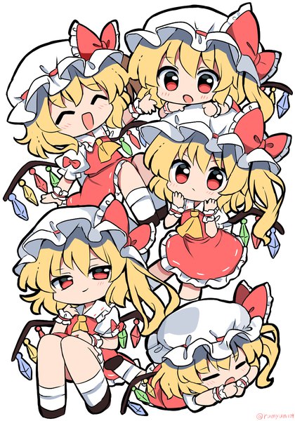 Anime picture 965x1378 with touhou flandre scarlet ramudia (lamyun) long hair tall image looking at viewer blush fringe simple background blonde hair smile hair between eyes standing white background sitting multiple girls signed full body lying eyes closed