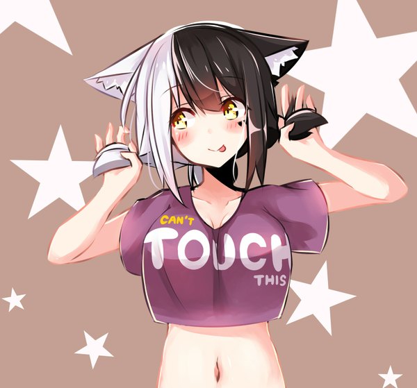 Anime picture 1500x1398 with original angry num single blush fringe black hair simple background smile twintails holding animal ears yellow eyes looking away white hair cat ears inscription bare belly cat girl text short twintails
