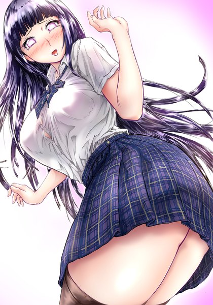 Anime picture 2457x3508 with naruto studio pierrot naruto (series) hyuuga hinata bro.you-yan single long hair tall image looking at viewer blush fringe highres breasts open mouth light erotic simple background standing purple hair blunt bangs pleated skirt