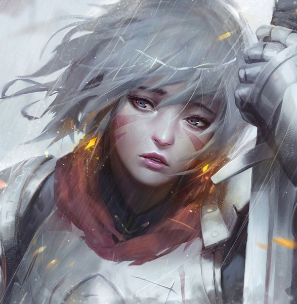 Anime picture 900x920 with original guweiz single tall image fringe hair between eyes standing holding looking away silver hair upper body outdoors parted lips wind lips blurry teeth lipstick facial mark glowing