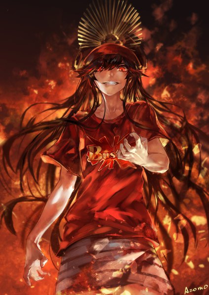 Anime picture 1600x2263 with fate (series) fate/grand order oda nobunaga (fate) (all) oda nobunaga (swimsuit berserker) (fate) azomo single long hair tall image looking at viewer fringe black hair smile red eyes signed hair over one eye grin girl t-shirt peaked cap