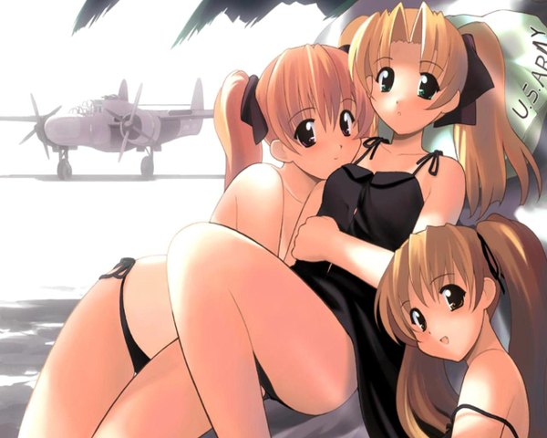 Anime picture 1280x1024 with jiji (aardvark) looking at viewer open mouth light erotic blonde hair brown hair twintails multiple girls military girl underwear ribbon (ribbons) swimsuit hair ribbon bikini 3 girls aircraft airplane