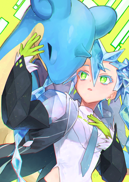 Anime picture 2894x4093 with pokemon vocaloid nintendo project voltage hatsune miku lapras ice miku (project voltage) bossan 3310 single long hair tall image fringe highres open mouth hair between eyes twintails green eyes blue hair looking away upper body