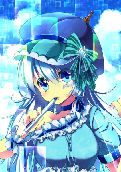 Anime picture 2893x4092 with original pixiv-tan nyori single long hair tall image looking at viewer highres blue eyes smile blue hair girl dress hat frills cap pencil
