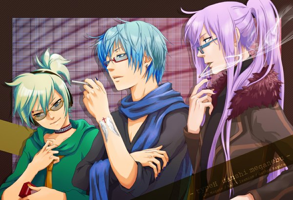 Anime picture 1171x800 with type-h vocaloid isamine kaito kagura gakupo magane len momopanda long hair short hair blue eyes blonde hair blue hair purple hair ponytail nail polish profile inscription tattoo piercing mouth hold smoke