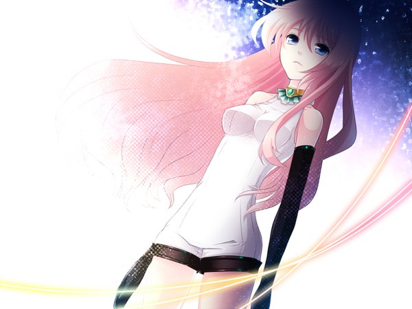 Anime picture 1600x1200 with vocaloid megurine luka single long hair blue eyes bare shoulders pink hair girl gloves elbow gloves