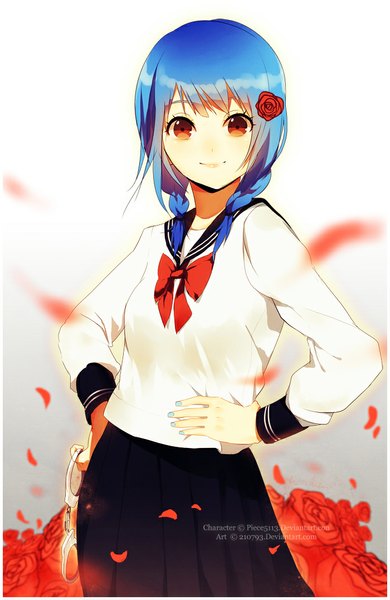 Anime picture 700x1077 with galsuwaidi single tall image looking at viewer fringe short hair breasts smile standing holding brown eyes blue hair braid (braids) nail polish pleated skirt fingernails twin braids hands on hips girl skirt