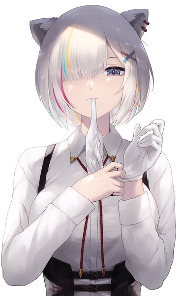 Anime picture 900x1460 with virtual youtuber hololive shishiro botan shishiro botan (3rd costume) cait single tall image looking at viewer fringe short hair blue eyes simple background white background holding animal ears silver hair upper body multicolored hair hair over one eye streaked hair