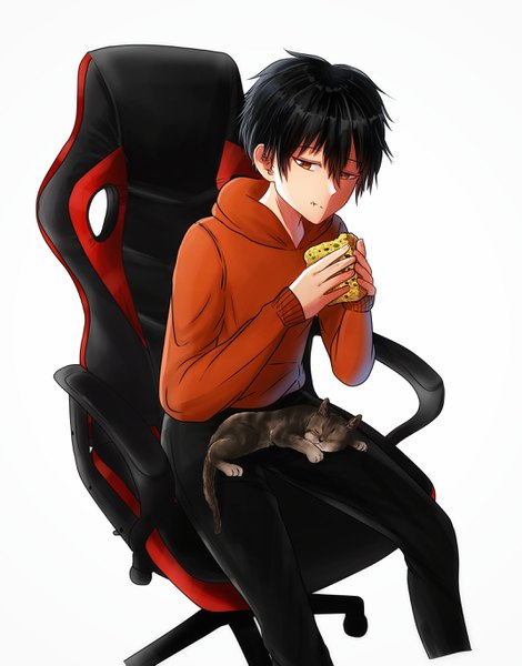 Anime picture 2143x2734 with tagme (copyright) tagme (artist) single tall image looking at viewer fringe highres short hair black hair simple background hair between eyes white background sitting brown eyes long sleeves shaded face eating :t boy animal
