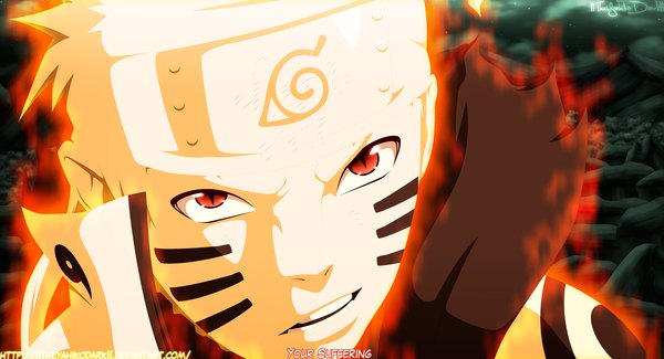 Anime picture 5000x2715 with naruto studio pierrot naruto (series) uzumaki naruto iitheyahikodarkii single highres short hair blonde hair red eyes wide image absurdres inscription night sky coloring magic mountain jinchuriki boy star (stars)