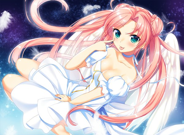 Anime picture 1000x733 with original mochiko (mochiko3121) single long hair looking at viewer blush blue eyes bare shoulders pink hair :p girl dress wings tongue feather (feathers)