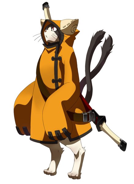Anime picture 1095x1500 with blazblue jubei (blazblue) tagme (artist) single tall image simple background red eyes white background animal ears cat ears cat tail weapon sword hood cat eyepatch whiskers